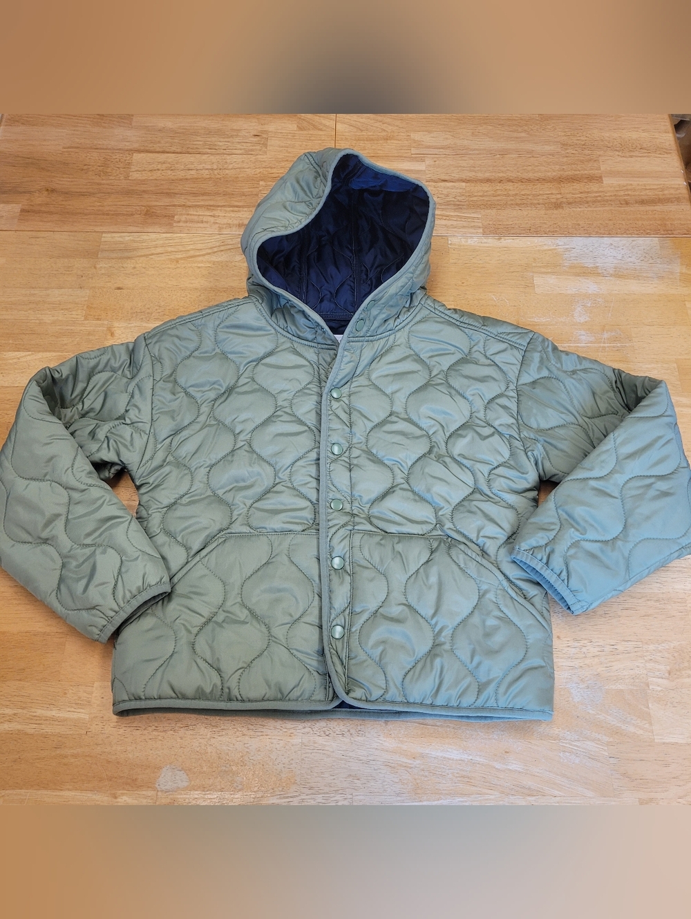 Green Quilted Jacket Olive Army Green Snaps Hood Pockets Size Large 10 12